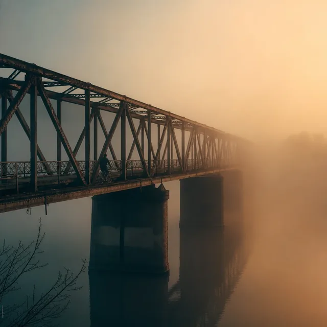 Cyclist crossing a foggy iron bridge
