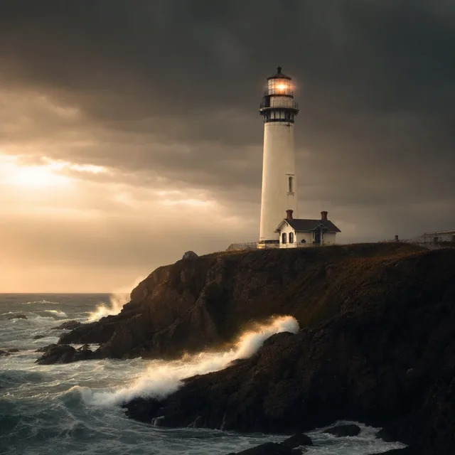 Lighthouse beam over a stormy coast
