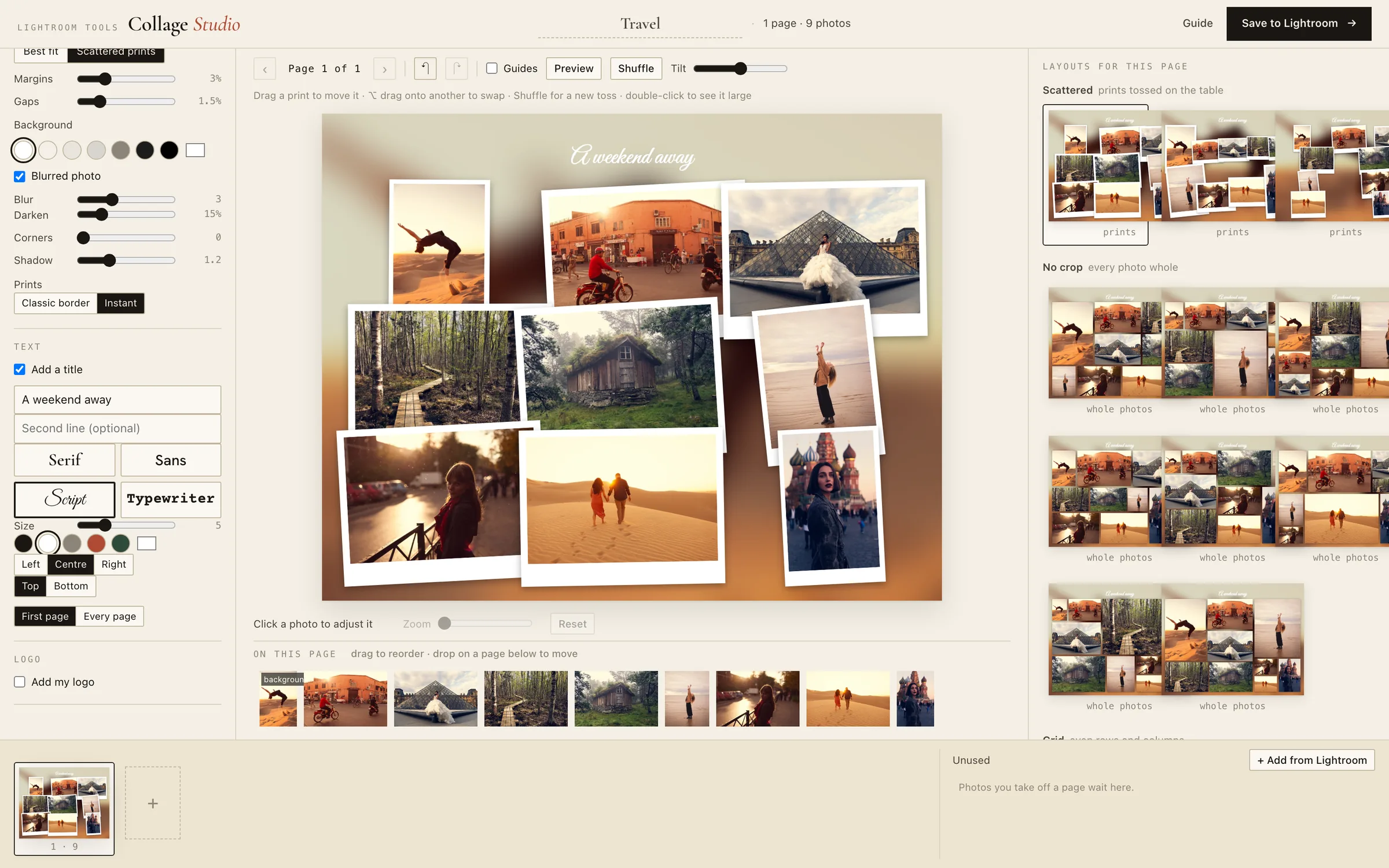 Scattered prints in the designer: nine instant prints on a blurred photo background with a white script title, and the Style and Text settings on the left