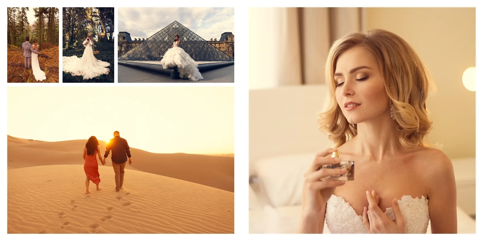 A 12 by 12 inch wedding album spread: two portrait and one landscape photo across the top left, a couple walking in the desert below, and a bridal portrait filling the right-hand page