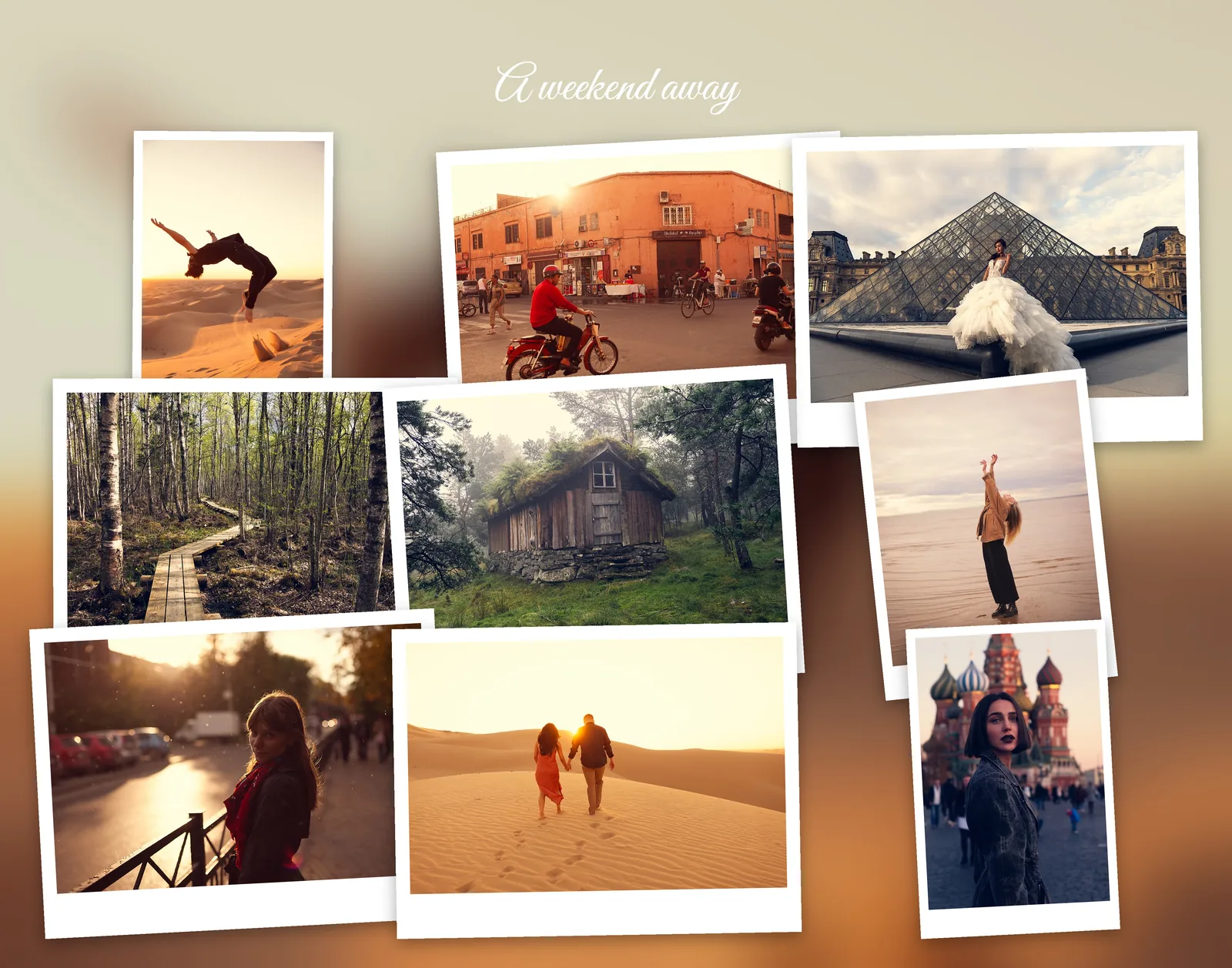 Nine photos as instant prints scattered on a blurred, darkened copy of one of them, with the title A weekend away in white script