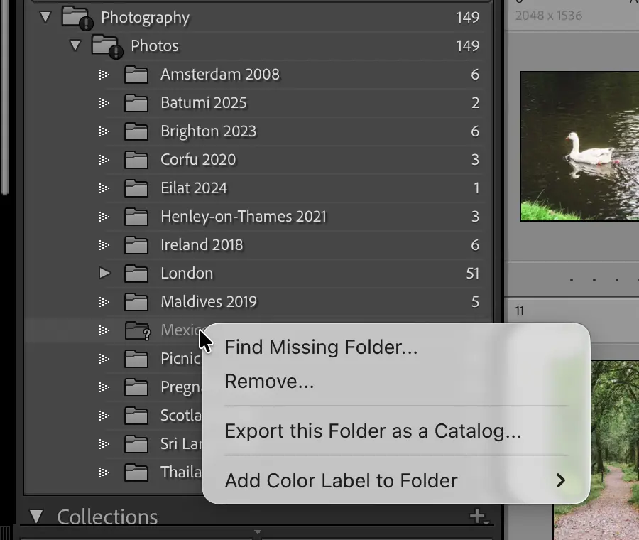 The Folders panel in Lightroom Classic with a greyed-out folder and its right-click menu showing Find Missing Folder