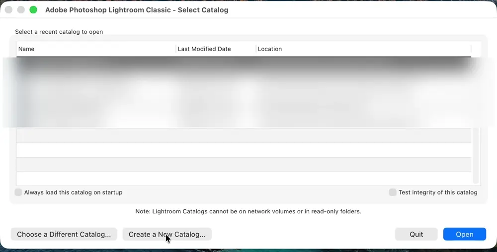 The Lightroom Classic Select Catalog dialog, shown when holding Option at launch, with the Create a New Catalog button at the bottom left