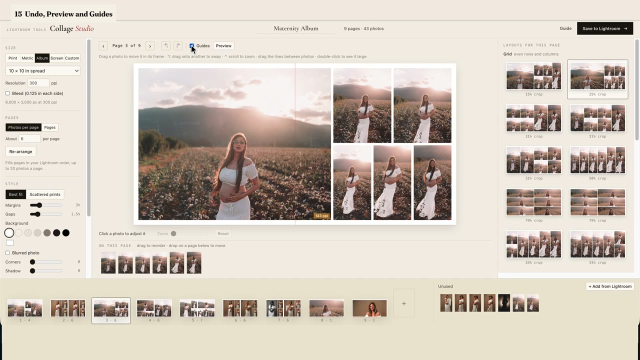 Collage Studio walkthrough video: the designer in the browser with a 10 by 10 inch album spread from a maternity shoot