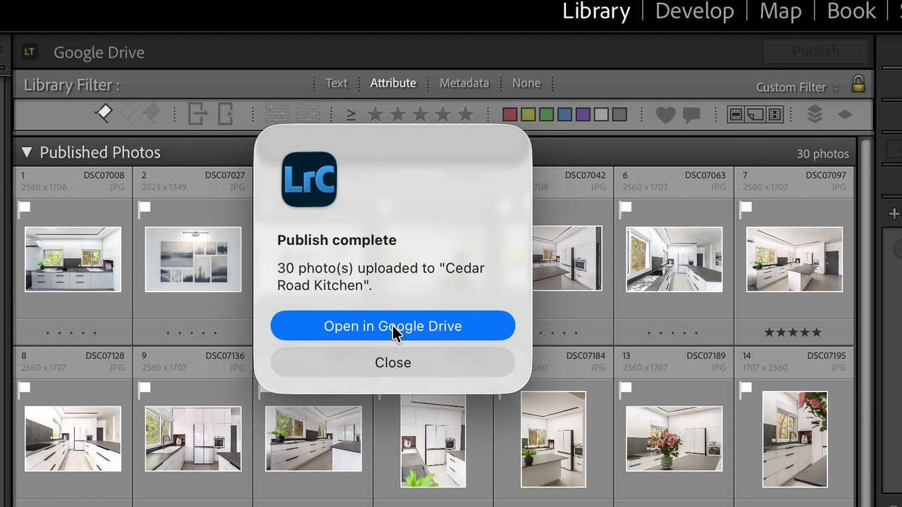 Google Drive walkthrough video: Publish complete in Lightroom Classic, 30 photos uploaded to a Google Drive folder