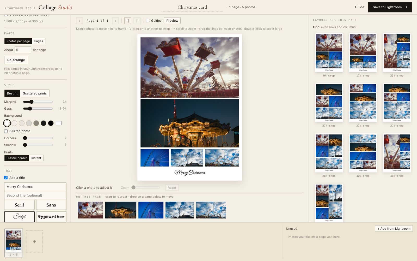 The Collage Studio designer with the Christmas card open, layouts on the right and a script title