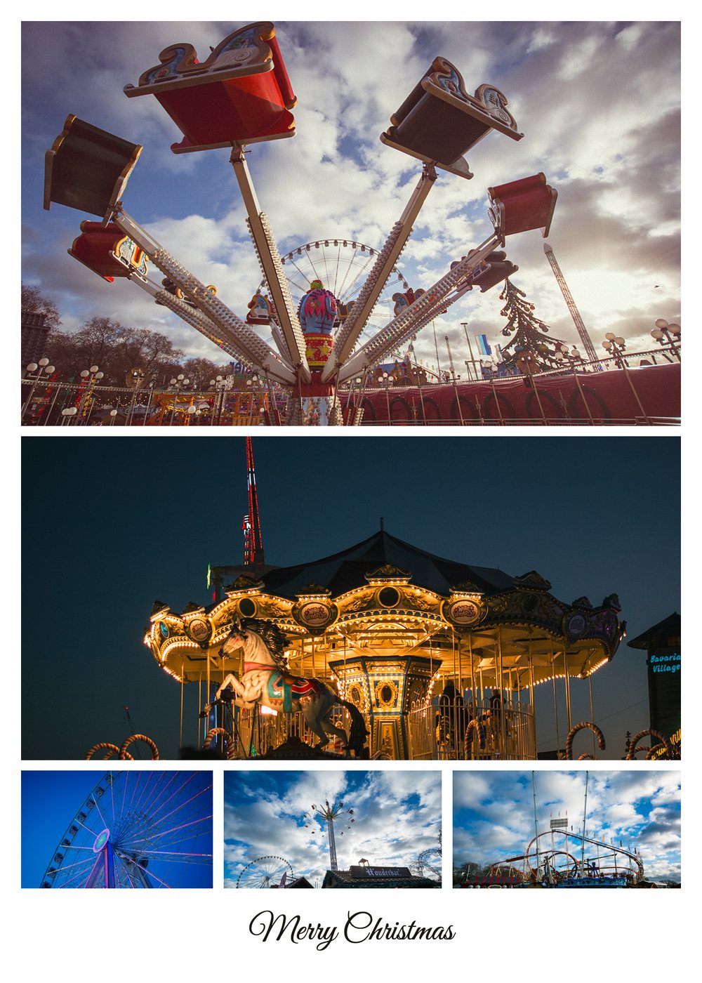 A 5 x 7 Christmas card collage of five winter fair scenes - rides, a carousel and a Ferris wheel - with a Merry Christmas title