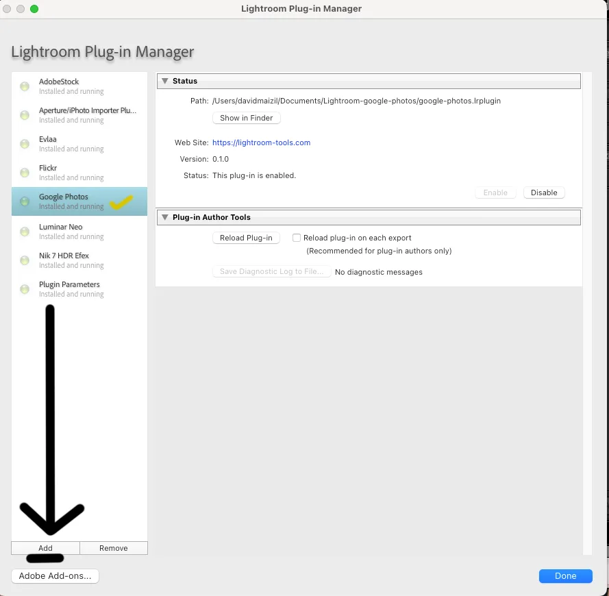 Lightroom Plug-in Manager showing the Google Photos plugin installed and enabled, with an arrow pointing to the Add button in the bottom-left and the green status confirming the plug-in is enabled