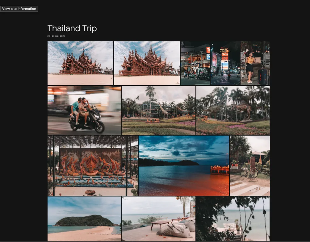 A Google Photos album showing photos published from Lightroom Classic by the Lightroom Tools plugin, arranged in a grid inside the Google Photos web interface.