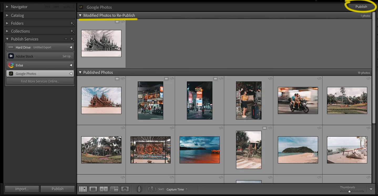 A Google Photos publish collection in Lightroom showing one image under 'Modified Photos to Re-Publish' above a grid of already-published photos