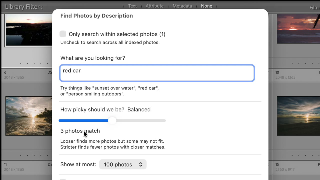Smart Search walkthrough video: the Find Photos by Description dialog in Lightroom Classic